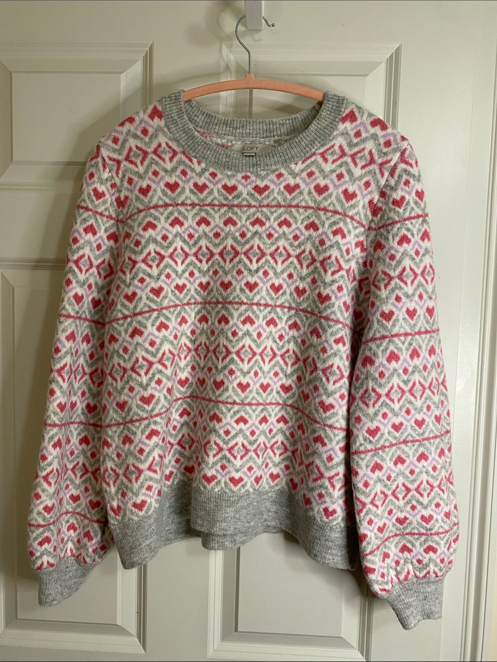 LOFT Gray and Pink Fair Isle Crewneck Sweater